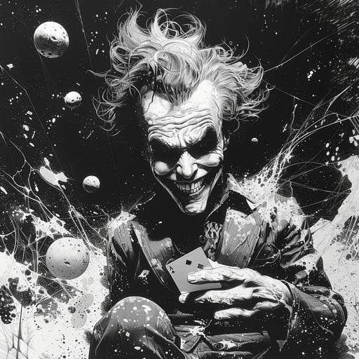 Detailed Line Drawing, Joker's Sinister Grin:3, Holding a Razor-Sharp Playing Card:2, Cosmic Horror Punk, Shadows and Eldritch Magic in Gotham, Art Deco Clothing:1, Intricate Cobweb Patterns on Joker's Suit, Textured Effects for Depth in the Scene, Stylized Horror with Joker's Surrealism, Background of Gotham's Dark Alleys, Menacing Presence Amidst Chaos, Punk Aesthetics with a Dark Twist, Tangled Webs of Crime and Insanity --sref  --v 6.0 --s 750 --style raw