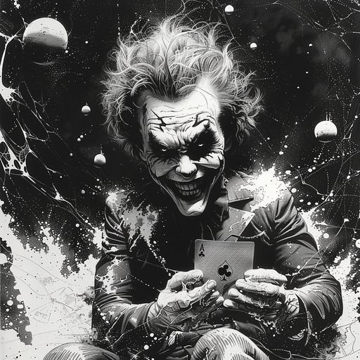 Detailed Line Drawing, Joker's Sinister Grin:3, Holding a Razor-Sharp Playing Card:2, Cosmic Horror Punk, Shadows and Eldritch Magic in Gotham, Art Deco Clothing:1, Intricate Cobweb Patterns on Joker's Suit, Textured Effects for Depth in the Scene, Stylized Horror with Joker's Surrealism, Background of Gotham's Dark Alleys, Menacing Presence Amidst Chaos, Punk Aesthetics with a Dark Twist, Tangled Webs of Crime and Insanity --sref  --v 6.0 --s 750 --style raw