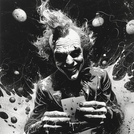 Detailed Line Drawing, Joker's Sinister Grin:3, Holding a Razor-Sharp Playing Card:2, Cosmic Horror Punk, Shadows and Eldritch Magic in Gotham, Art Deco Clothing:1, Intricate Cobweb Patterns on Joker's Suit, Textured Effects for Depth in the Scene, Stylized Horror with Joker's Surrealism, Background of Gotham's Dark Alleys, Menacing Presence Amidst Chaos, Punk Aesthetics with a Dark Twist, Tangled Webs of Crime and Insanity --sref  --v 6.0 --s 750 --style raw