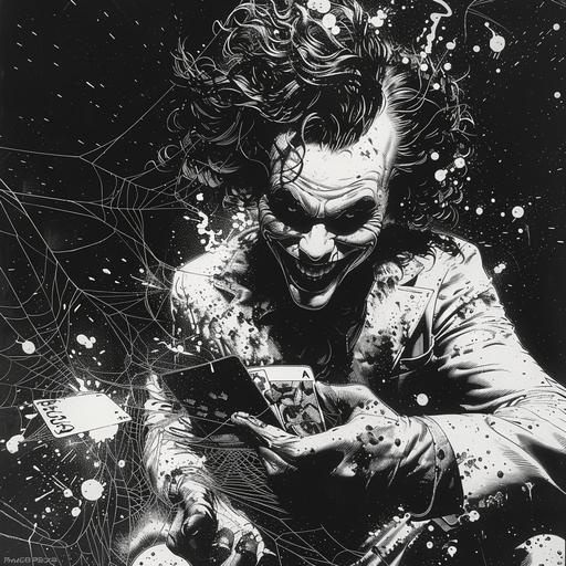 Detailed Line Drawing, Joker's Sinister Grin:3, Holding a Razor-Sharp Playing Card:2, Cosmic Horror Punk, Shadows and Eldritch Magic in Gotham, Art Deco Clothing:1, Intricate Cobweb Patterns on Joker's Suit, Textured Effects for Depth in the Scene, Stylized Horror with Joker's Surrealism, Background of Gotham's Dark Alleys, Menacing Presence Amidst Chaos, Punk Aesthetics with a Dark Twist, Tangled Webs of Crime and Insanity --sref  --v 6.0 --s 750 --style raw