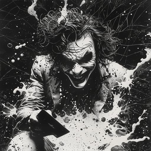 Detailed Line Drawing, Joker's Sinister Grin:3, Holding a Razor-Sharp Playing Card:2, Cosmic Horror Punk, Shadows and Eldritch Magic in Gotham, Art Deco Clothing:1, Intricate Cobweb Patterns on Joker's Suit, Textured Effects for Depth in the Scene, Stylized Horror with Joker's Surrealism, Background of Gotham's Dark Alleys, Menacing Presence Amidst Chaos, Punk Aesthetics with a Dark Twist, Tangled Webs of Crime and Insanity --sref  --v 6.0 --s 750 --style raw