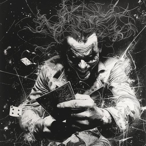 Detailed Line Drawing, Joker's Sinister Grin:3, Holding a Razor-Sharp Playing Card:2, Cosmic Horror Punk, Shadows and Eldritch Magic in Gotham, Art Deco Clothing:1, Intricate Cobweb Patterns on Joker's Suit, Textured Effects for Depth in the Scene, Stylized Horror with Joker's Surrealism, Background of Gotham's Dark Alleys, Menacing Presence Amidst Chaos, Punk Aesthetics with a Dark Twist, Tangled Webs of Crime and Insanity --sref  --v 6.0 --s 750 --style raw