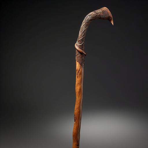 Detailed drawing of a handcrafted tool from a preindustrial era. Carved from a single piece of wood, sanded so it is smooth. It is similar to a walking stick but with a curved hooked end to be used for swinging from tree to tree. It also has braided ropes wrapped around its shaft. The Base of the stick is flat and broad.