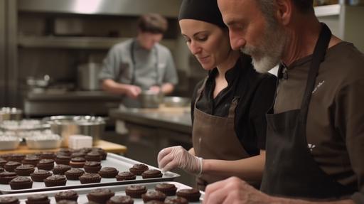 Detailed image of a Canadian couple in a cooking class, very beautiful, athletic, young, fit, elegant, 48 years old, practicing Gastronomy on beautiful chocolate desserts with an instructor jeff in a very beautiful restaurant kitchen, with many details , --ar 16:9 --v 5 --s 750