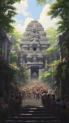 Detailed image of a temple, priests in procession, ancient times, priests wearing ceremonial garb, temple setting, carrying floral and animal offerings, temple in the background, wide shot, hyper-realistic, photo realism, cinematography --ar 9:16