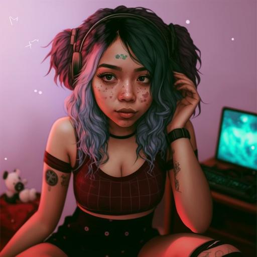 Detailed, realistic, brown skin, black and violet hair color, gamer girl, kawaii, headset, gaming setup --v 4