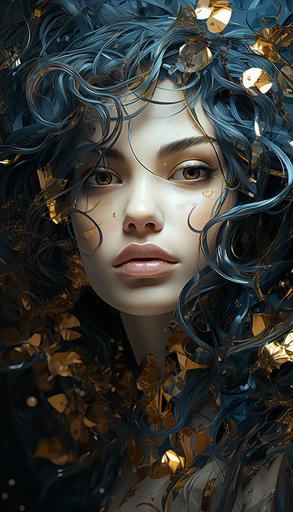 Detailed realistic girl, Fibonacci fractal, wet watercolor, dripping effect, full frame, grotesque, pencil stroke along the contour, close-up, glitter, lumen, octane, dark botanical, HD wallpaper, close-up, historical genre, eclectic, glamour, urban fantasy --aspect 4:7 --style raw --s 750