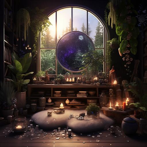 crystal Moon Altar, dreamy room, realistic, plants, horizontal shot