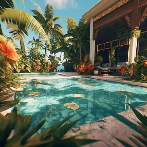 wide angle realistic pool scene with towel on the floor, tropical plants