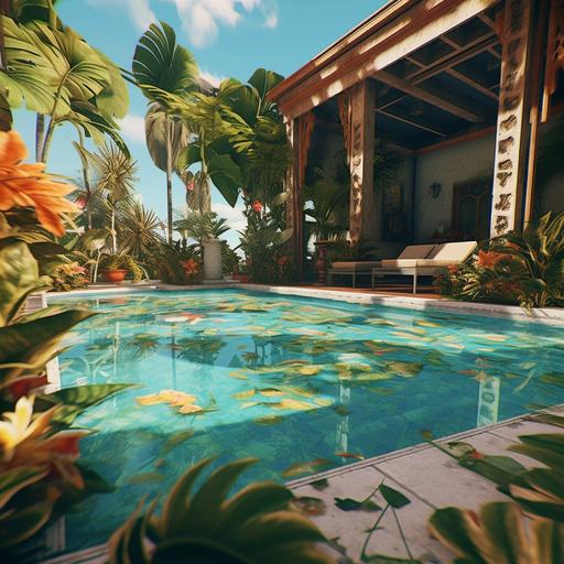 wide angle realistic pool scene with towel on the floor, tropical plants