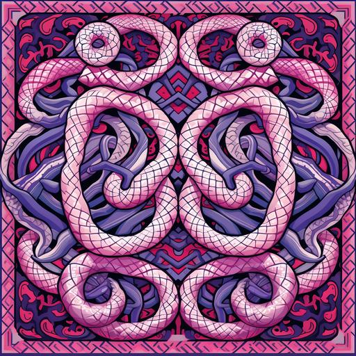 Develop a mesmerizing midjourney artwork featuring a seamless pattern of two pink and purple snakes gracefully intertwining. Infuse the design with a sense of movement and elegance as the snakes create intricate twists and turns. The pink and purple color palette adds a touch of mystique and enchantment to the pattern. Ensure the snakes' details are meticulously rendered to capture their unique textures and scales. The seamless pattern is perfect for application across various products, from fashion to home decor. The mood of the artwork is captivating and graceful, reflecting the allure of intertwined serpents. Artwork, vector, contour, seamless pattern, pink and purple snakes intertwining.