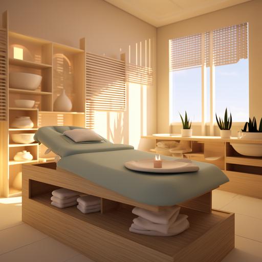 Develop an innovative and relaxing layout for a massage room that ensures the utmost comfort and tranquility for clients. Consider the spatial arrangement, lighting, color scheme, and choice of furniture and decor. Your design should not only facilitate the massage therapist's workflow but also enhance the overall experience for clients. Incorporate elements that promote a serene and harmonious atmosphere. Think about how different areas within the room, such as the massage table, seating, and storage, can be optimized for both aesthetics and functionality. Your layout should cater to various massage types and treatments, and it should reflect a deep understanding of the client's need for a peaceful and rejuvenating experience.