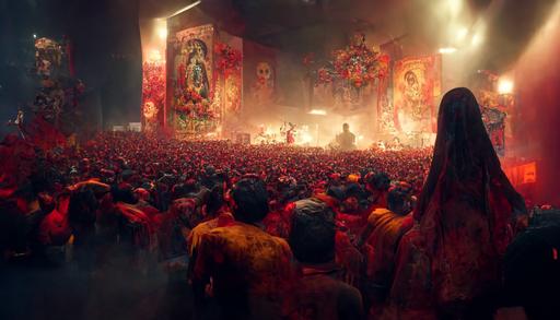 Dia de los Deftones, Day of the Dead live concert, Chino Moreno, Steph Carpenter, Abe Cunningham, Frank Delgado, dynamic pose, centred composition, crowd, sugar skulls, nu-metal, volumetric lighting, photorealistic, hyperdetailed, octane render, unreal engine, HD, HDR, --ar 16:9