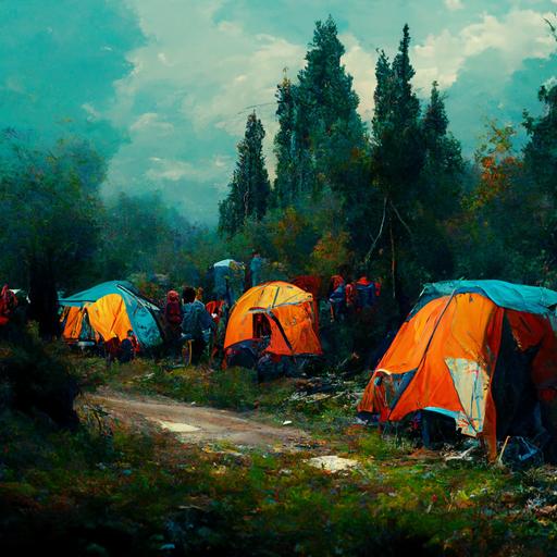 young people camping and a sign in the corner that says 'Genç Rotasızlar',hyper-realistic,4k