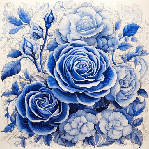 Dibujo de rosa azul y blanca, al estilo dibujo de azulejo