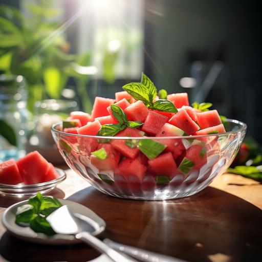 Diced watermelon in a glass bowl, with basil, food photography, full view, 45 degree view, in a modern west coast kitchen, ultra detailed, 8k, clean   cinematic shot, 50mm at F 1. 2 aperture , , soft sunlight falling on the subject