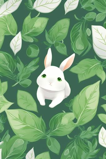 Different kinds of green leaves, tiled to fill the picture, cute little white rabbit, high definition, wallpaper --ar 2:3 --q 2 --niji