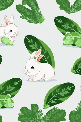 Different kinds of green leaves, tiled to fill the picture, cute little white rabbit, high definition, wallpaper --ar 2:3 --q 2 --niji