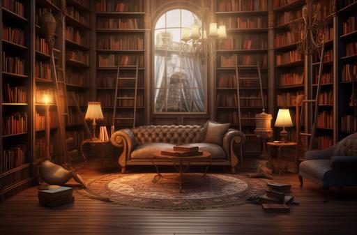 Digital background caldera featuring a cozy, vintage library | GROUND: aged wooden floors with rows of bookshelves and rugs | TIME: evening | Lighting: soft, warm indoor lighting | --ar 35:23 --v 5.1 --q 2