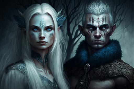 , , Digital painting semi realistic style. Full body shot. Two undead medieval barbarian primitive characters of both sexes. Man is handsome and woman is beautiful. They are beautiful and young, both have glowing [long white hair]::2 and pale blue skin. [blue glowing skin]::4 They wear tribal fur armor without sleeves. [tribal fur armor]::3. Dark Snowy forest in the background. Fog surrounding them. High detailed characters. Cinematic wide shot scene from distant camera. warm blue colors and lighting, --ar 3:2