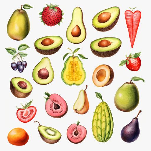 Digital stickers, fruits on a plain background, avocado, berries, dragonfruit, passion fruit, star fruit, coconut, watercolor, clip art, minimalistic, aesthetic,