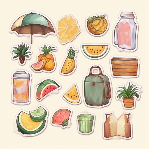 Digital stickers, summer themed, holiday, travel, food, gadets, fashion, plain background, watercolor, handdrawn, pastell colours, minimalistic, aesthetic