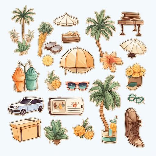 Digital stickers, summer, vacation, plain background, watercolor illustration, neutral colours, aesthetic