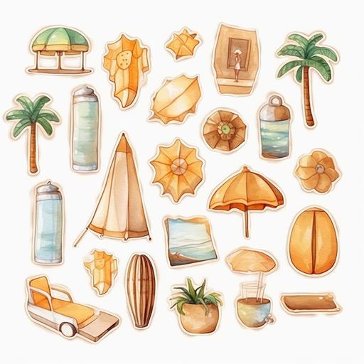 Digital stickers, summer, vacation, plain background, watercolor illustration, neutral colours, aesthetic