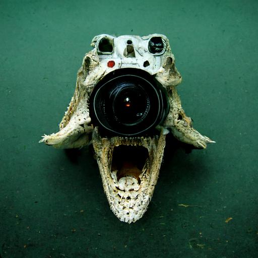 alligator skull with a camera in its mouth