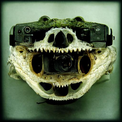 alligator skull with a camera in its mouth