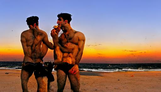 two Jewish gay New York hunks on puruba beach eating mandioca at sunset, —ar 16:9