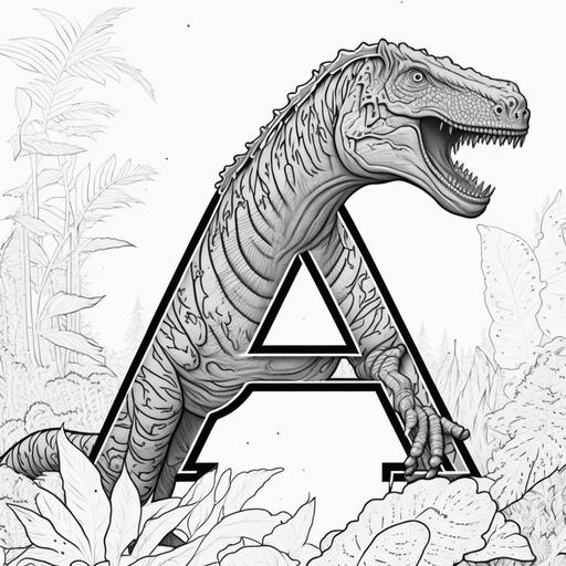 Dinosaur Alphabet coloring : A is for Allosaurus: A coloring page featuring a ferocious Allosaurus dinosaur with the letter