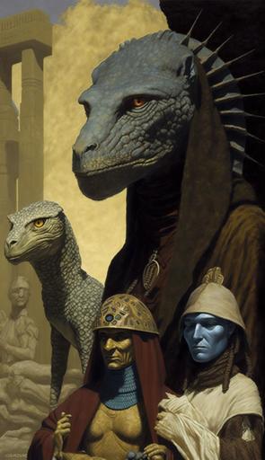 Dinosaur Lizard supervillains Serapis, Wati-kutjara, Mangar-kunjer-Ku by gerald brom::2 winifred knights::1 alex gross::.5 mike mignola::1 lizard costume::-.5 --ar 9:16 --q 2