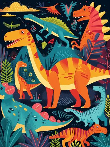 Dinosaur World poster: a poster showing different kinds of dinosaurs, so that children can learn more about ancient creatures, to help develop children's imagination, bright colour, beautiful colours, no mushroom, symbolism style, minimalism style, poster style, --ar 3:4 --v 6.0 --s 50