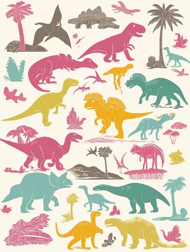 Dinosaur World poster: a poster showing different kinds of dinosaurs, so that children can learn more about ancient creatures, to help develop children's imagination, bright colour, beautiful colours, no mushroom, symbolism style, minimalism style, poster style, --ar 3:4 --v 6.0 --s 50