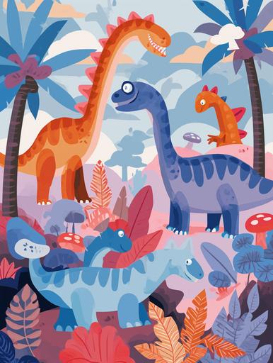 Dinosaur World poster, bright colour, different kinds of dinosaurs in bright shades to help develop children's imagination, bright colour, beautiful colours, no mushrooms, symbolism style, minimalism style, poster style, --ar 3:4 --v 6.0 --s 50