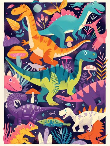 Dinosaur World poster, bright colour, different kinds of dinosaurs in bright shades to help develop children's imagination, bright colour, beautiful colours, no mushrooms, symbolism style, minimalism style, poster style, --ar 3:4 --v 6.0 --s 50