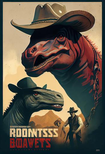 Dinosaurs vs. Cowboys, movie poster in the style of Robert Peak, --ar 2:3 --upbeta --q 2 --v 4