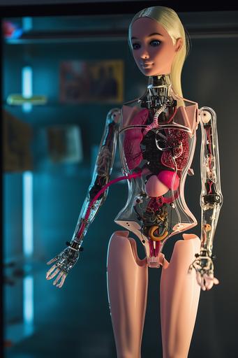 Disassembled photograph of a mechanized Barbie doll, mechanized heart, lungs, stomach and other parts removed from the body and arranged in alignment like a catalog, not overlapping each other, all elements on screen, in lab, octaine renderer,volumic light,8k --ar 2:3 --v 6.0 --style raw