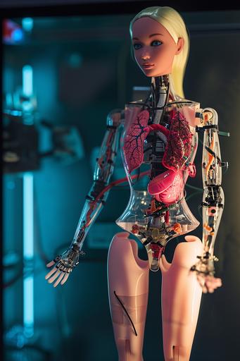 Disassembled photograph of a mechanized Barbie doll, mechanized heart, lungs, stomach and other parts removed from the body and arranged in alignment like a catalog, not overlapping each other, all elements on screen, in lab, octaine renderer,volumic light,8k --ar 2:3 --v 6.0 --style raw