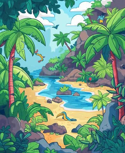Discover a tropical island, complete with palm trees, sandy beaches, and exotic animals. cartoon style, thick lines, vivid color --ar 9:11