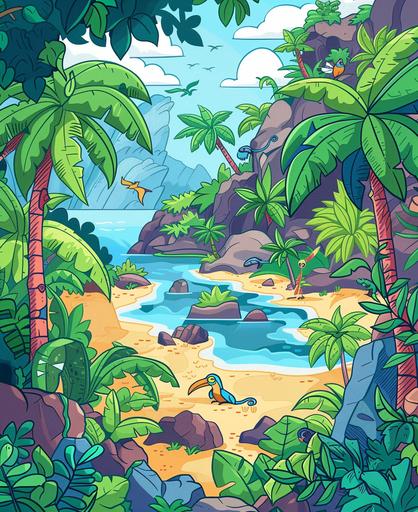 Discover a tropical island, complete with palm trees, sandy beaches, and exotic animals. cartoon style, thick lines, vivid color --ar 9:11