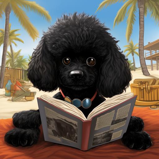 Disengo manga cartoon of black poodle furry puppy anthropomorphic, read a book lying on the beach in Palms Springs