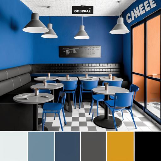Diseño arquitectónico para un restaurante de comida rapida con el nombre de “Los Majares”. El esquema de colores debe ser gris bien oscuro azul y cafe. También puede incorporar elementos gráficos. Debe tener un letrero, mesas sillas y un mostrador con pantallas.