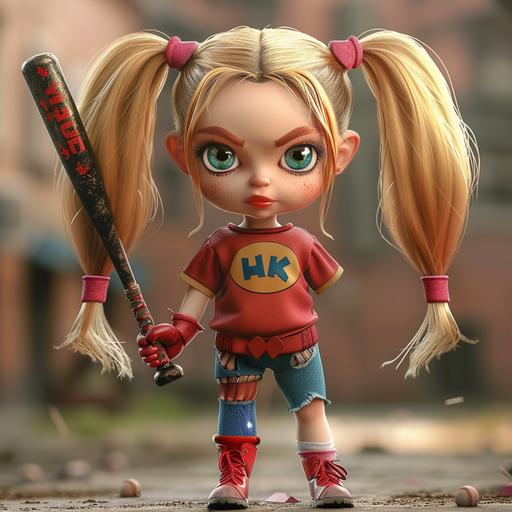 Disney Pixar 3d animation toddler girl with long hair cute as Harley Quinn holding a baseball bat solid background --s 250 --v 6.0