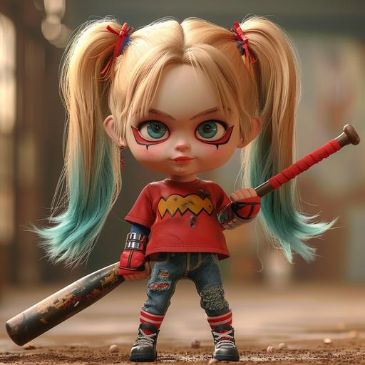 Disney Pixar 3d animation toddler girl with long hair cute as Harley Quinn holding a baseball bat solid background --s 250 --v 6.0