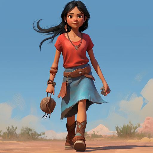 Disney Pixar picture of Sasha the gypsy with black hair and blue eyes, walking down a trail, wearing leather sandals, a rugged red gypsy shirt, tattered gypsy blue dress with leather belt, carrying a hobo stick over her shoulder