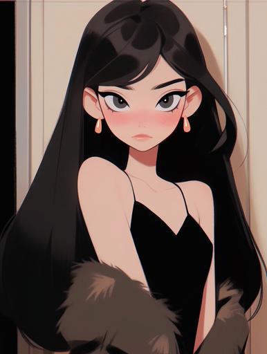 Disney animation, a long-haired cartoon character, black fur coat, close-up of the upper body, high-end feel, dark color palette with contrasting style, light beige and black, Karen Gillen, meticulous, Joseph Capek, minimalist style, flat illustration, in the blink of an eye, you will miss its details. --ar 3:4 --s 560 --niji 5
