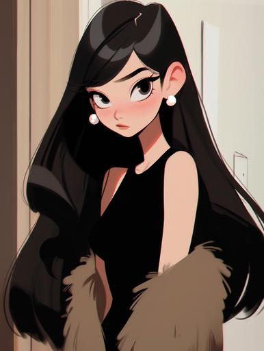 Disney animation, a long-haired cartoon character, black fur coat, close-up of the upper body, high-end feel, dark color palette with contrasting style, light beige and black, Karen Gillen, meticulous, Joseph Capek, minimalist style, flat illustration, in the blink of an eye, you will miss its details. --ar 3:4 --s 560 --niji 5