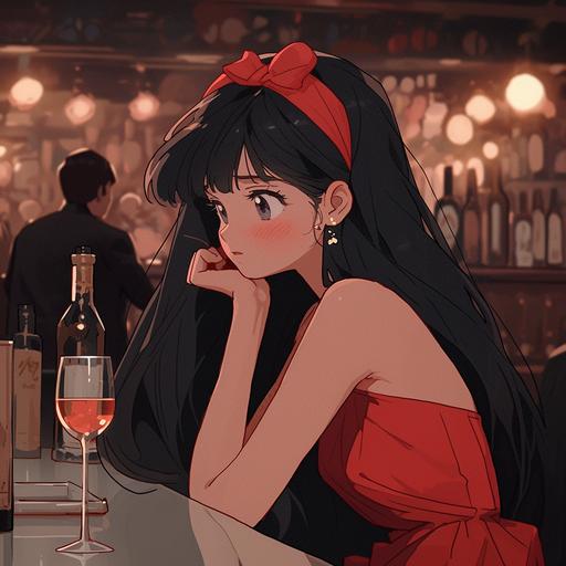 Disney anime, a cartoon little girl with long hair, black long hair, straight bangs, a rose red strapless dress, sitting at the bar thinking, Karen Gillen, meticulous, Joseph Capek, minimalist style, flat illustrations, in the blink of an eye, you will miss out on its details,--style cute --niji